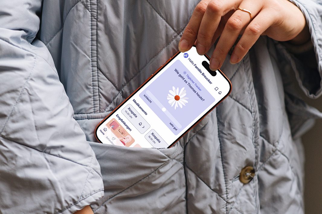 App-Mockup auf einem Smartphone in einer Jackentasche